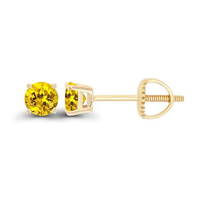 14K Gold Plated 925 Sterling Silver Hypoallergenic 4mm Round Genuine Birthstone Solitaire Screwback Stud Earrings - color: Yellow Sapphire Created