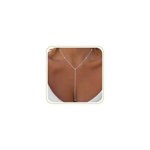 Tewiky Dainty Diamond Lariat Necklace for Women, Long Y Necklace | 14K Gold/Sterling Silver Plated Non Tarnish Necklace, Waterproof Drop Chain for Prom Wedding,Beach Summer Body Chian,Jewelry - color: Silver