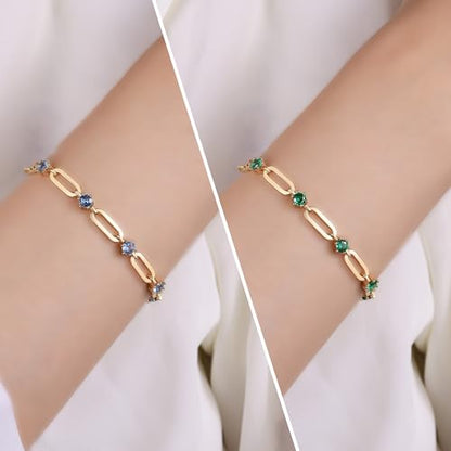 Paperclip Bracelet for Women Couple Bracelets with CZ Chain Strand Jewelry Gift for Girls - color: Style 1-Sapphire-Golden