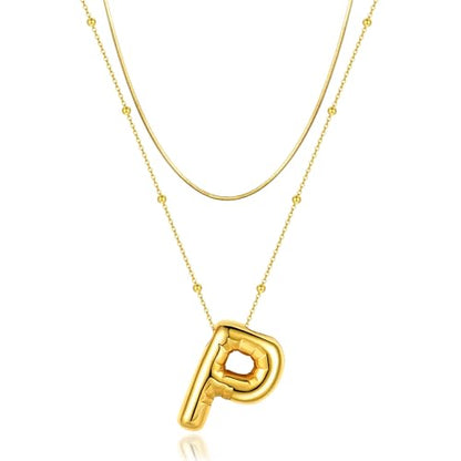LUCA SMITH 2-Piece Initial Necklaces for Women, Dainty Balloon Bubble A-Z Letter Necklace Set, Name Letter Alphabet Pendant Layered Choker Necklaces Personalized Jewelry Gift - color: Gold bubble letter necklace, style: Initial Set-P