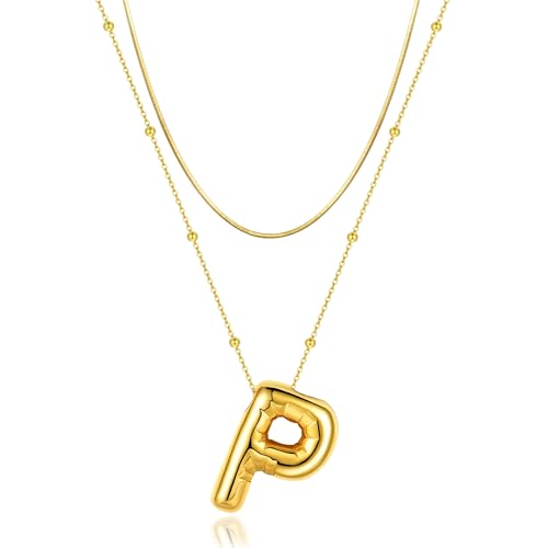 LUCA SMITH 2-Piece Initial Necklaces for Women, Dainty Balloon Bubble A-Z Letter Necklace Set, Name Letter Alphabet Pendant Layered Choker Necklaces Personalized Jewelry Gift - color: Gold bubble letter necklace, style: Initial Set-P