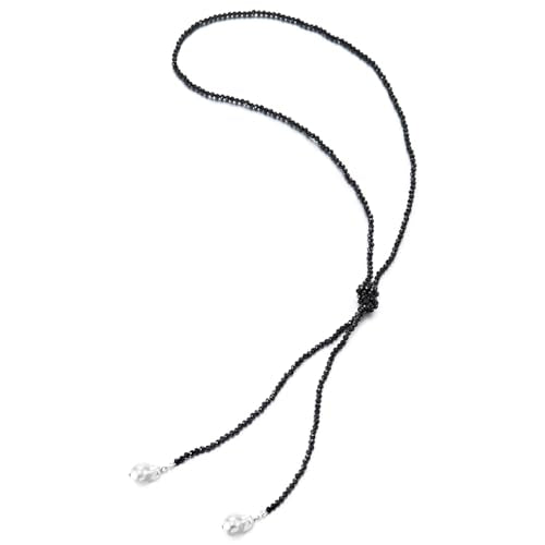 Black Beaded Lariat Necklace for Women Faceted Beads with Faux Pearl Drops Elegant Y-Shaped Necklace
