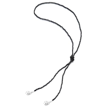 Black Beaded Lariat Necklace for Women Faceted Beads with Faux Pearl Drops Elegant Y-Shaped Necklace