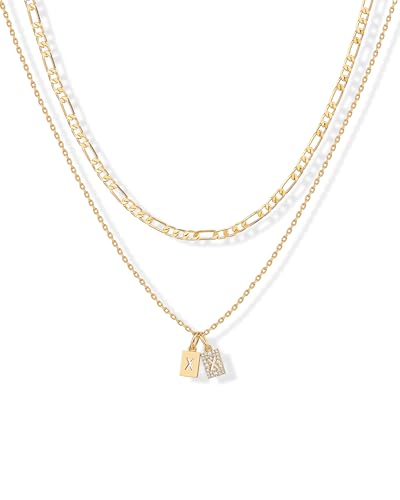 PAVOI Initial Necklace for Women, 14K Gold Plated Double Dog Tag CZ Pendant | Dainty Necklace, Letter Tag Necklace, Cubic Zirconia Pendant, Box Chain Necklace - style: - X