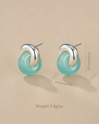 Small Twist Interlock Chunky 18K gold plated Gemstone Natural Stone (Brown, Green, Pink, White) Statement Earrings for Women by SNGIA, Dainty Love Knot Tiger Eye Amber Jade Tourmaline Bold Handmade Exaggerated Dome Retro Rounded Button Half Ball Trendy Bo