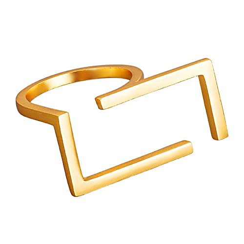 Unique Rectangle Open Band Ring for Women Girls Geometrical Finger Rings | Gold-Toned, Minimalist Statement, Adjustable Expandable, Comfort Fit, Fashion Simple Jewelry