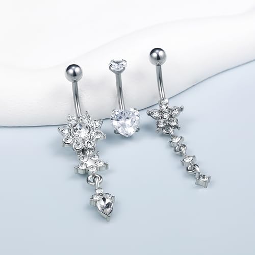 14G Dangle Belly Button Ring Piercing Jewelry 316L Stainless Surgical Steel Heart Flower CZ Reverse Navel Rings Dangling Belly Button Ring Piercing Jewelry for Women 14 Gauge Hypoallergenic - style: 5Pcs Silver