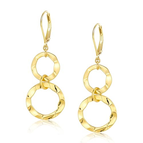 ALEXCRAFT Gold Hammered Double Circle Leverback Dangle Earrings | Hypoallergenic, Drop Handmade, Hammered Round, Minimalist Boho - color: A-14k Gold