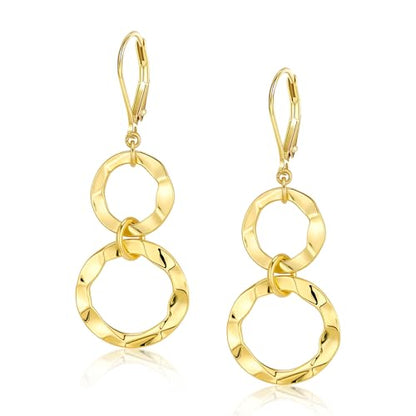 ALEXCRAFT Gold Hammered Double Circle Leverback Dangle Earrings | Hypoallergenic, Drop Handmade, Hammered Round, Minimalist Boho - color: A-14k Gold