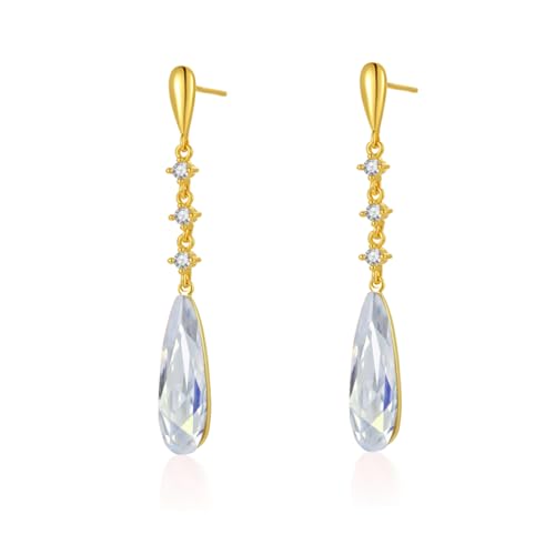 VONSSY Austrian Crystal Teardrop Drop Dangle Earrings Gold Plated Silver Post Zircon Gemstone Jewelry Gift for Woman Girlfriend Mom Wife - color: White