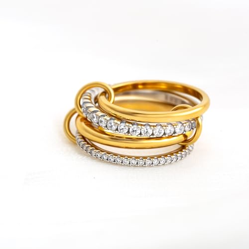 Gold Stackable Rings for Women Non Tarnish, 18k Gold Plated Cubic Zirconia Rings, Silver Gold Multi Ring Mixed Metals Stack Rings Set - color: Two tone, size: 10