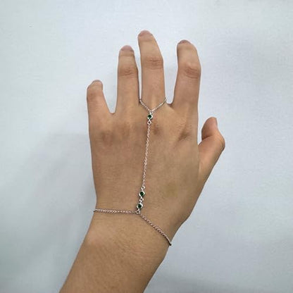 Kakikaki 925 Sterling Silver Finger Ring Bracelet Hand Chain for Women | Slave Bracelets 7" to 9" Adjustable - color: Silver, style: 3 Emerald
