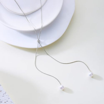 Pearl Necklace Set for Women Long Necklace Pearl Jewelry Beaded Design Drop Y Lariat Style Gift - color: Silver Y Pearl Necklace