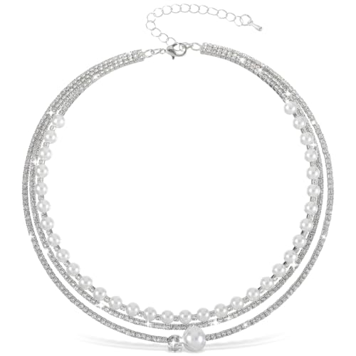 3-Layered Rhinestone Pearl Choker Necklaces for Women, Vintage Silver Necklace Prom, Multi Strand Pearl Necklace Choker for Women Wedding Bride