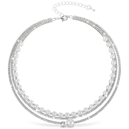 3-Layered Rhinestone Pearl Choker Necklaces for Women, Vintage Silver Necklace Prom, Multi Strand Pearl Necklace Choker for Women Wedding Bride