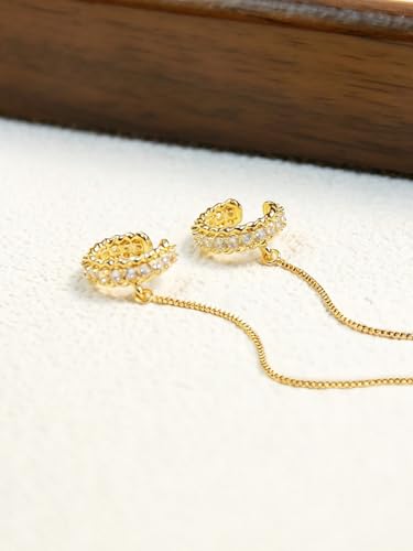 Long Chain Cuff Earrings Gold Silver Wrap Tassel Earrings Minimalist Cz Round Stud With Chain Cuff Double Piercing Jewelry Statement Fake Earrings for Women - color: style2-gold-2pcs