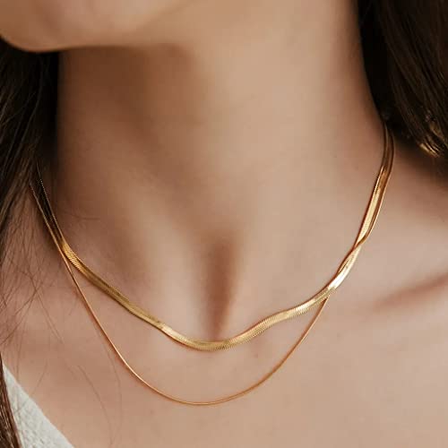 Freekiss Layered Necklace Set for Women Stackable | Herringbone Snake Cuban Rope Chain, Dainty Choker, Layered Stackable, Non Tarnish, Hypoallergenic, Adjustable 14-18.5" - color: Gold, style: Layer 3mm+1.5mm Snake