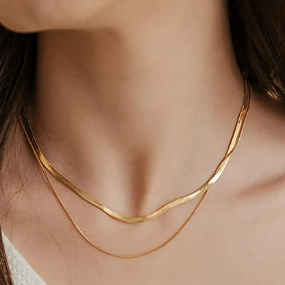 Freekiss Layered Necklace Set for Women Stackable | Herringbone Snake Cuban Rope Chain, Dainty Choker, Layered Stackable, Non Tarnish, Hypoallergenic, Adjustable 14-18.5" - color: Gold, style: Layer 3mm+1.5mm Snake