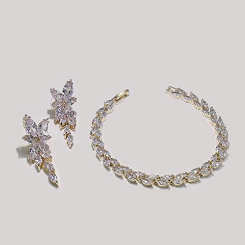 Elegant Marquise CZ Wedding Jewelry Set for Women Bride Bridesmaid | Sparkling Cubic Zirconia Earrings Bracelet, Prom Homecoming & Formal Occasions Accessories - color: 18K Gold