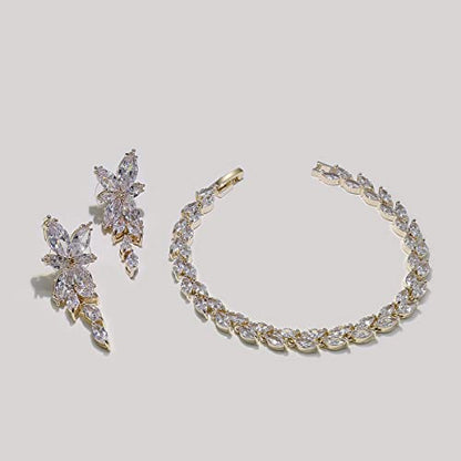 Elegant Marquise CZ Wedding Jewelry Set for Women Bride Bridesmaid | Sparkling Cubic Zirconia Earrings Bracelet, Prom Homecoming & Formal Occasions Accessories - color: 18K Gold