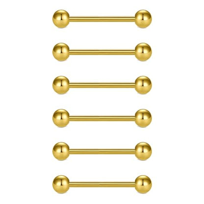 VCMART 12mm-18mm 14G Tongue Rings Nipple Straight Barbells Surgical Steel Body Piercing Jewelry - style: Style D -6pcs, gold