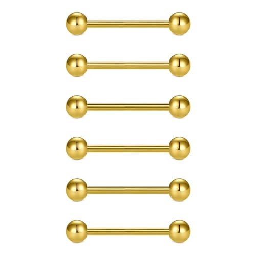 VCMART 12mm-18mm 14G Tongue Rings Nipple Straight Barbells Surgical Steel Body Piercing Jewelry - style: Style D -6pcs, gold