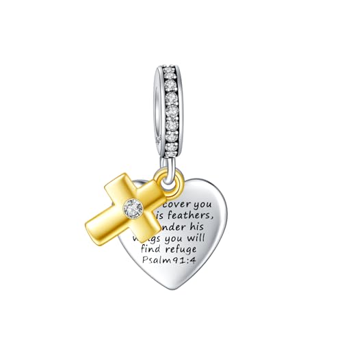 14K Gold Plated Silver Charms for Pandora, Women Heart Family Love Pet Animal Bead Dangle for Bracelets Necklace Jewelry Gift - color: Cross Bible Love Plaque