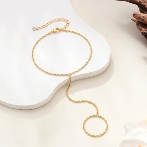 Eaciy 3PCS Gold Hand Chain Bracelets for Women, 18K Gold Plated Dainty Stackable Hand Chain Bracelet Ring Gold Bracelets for Women Trendy Gold Jewelry Set - color: 08-Gold-Singapore Hand Chain
