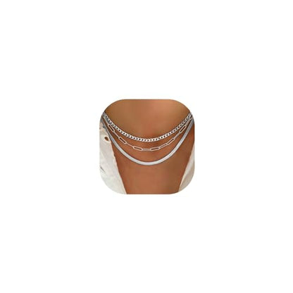 Gold Layered Necklaces for Women, 14K Gold Plated Dainty Gold Chain Choker Necklace Stack, Herringbone Gold Necklaces Set - color: silver-3-Snake