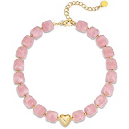 Multicolor Beaded Necklace,Chunky Cube Beaded Statement Necklace, Boho Resin Choker Necklace for Women,Lightweight & Cool, Suitable for Beach, Vacation, Daily Wear & Summer Parties - color: Pink-Heart