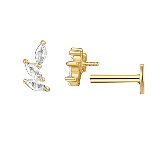 Cubic Zirconia Crawler Cartilage Labret Stud Earrings for Women Girls 925 Sterling Silver Crystal Leaf Tragus Monroe Climber Studs Lip Nose Ring Dainty Body Piercing Jewelry Gifts 16G