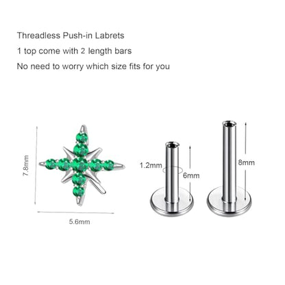 1pcs 16G 18G G23 Titanium Threadless Labret Studs Push-in Labret Lip Cluster Tragus Helix Conch Lobe Rook Cartilage Push Back Piercing Jewelry Earring - style: style A-green