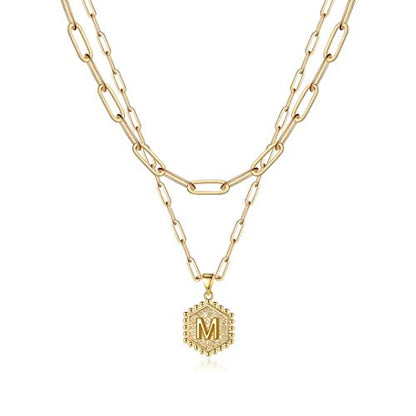 M MOOHAM Dainty Initial Necklaces for Women, 14K-Gold-Plated Layering Necklace for Women Cute Hexagon Letter Initial Necklace Layered Necklaces for Womens Teen Girl Gifts - color: 14K-Gold-Plated, style: M