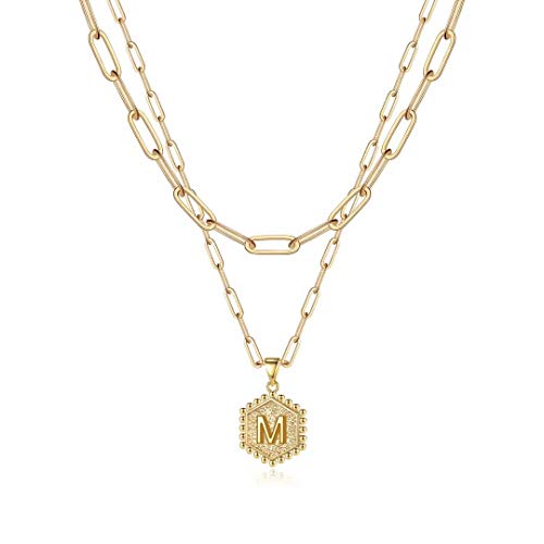 M MOOHAM Dainty Initial Necklaces for Women, 14K-Gold-Plated Layering Necklace for Women Cute Hexagon Letter Initial Necklace Layered Necklaces for Womens Teen Girl Gifts - color: 14K-Gold-Plated, style: M