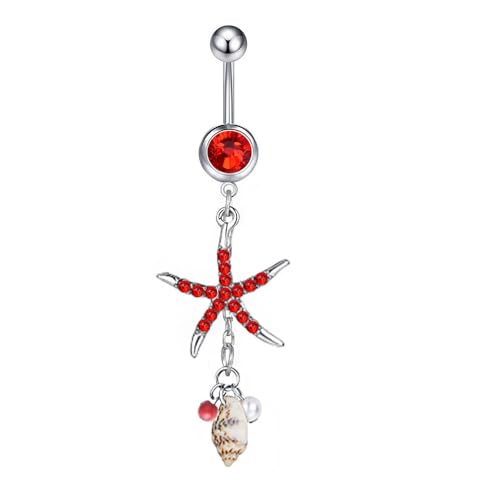 Starfish Dangle Belly Button Rings for Women Rhinestone Ocean Star with Pearl Conch Charm Navel Piercing Stainless Steel Curved Navel Barbell Ring Beach Jewelry - color: Red