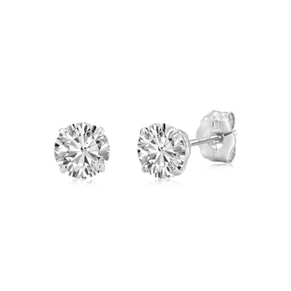 14k White Gold Solitaire Round Cubic Zirconia Stud Earrings with Pushbacks - style: 4mm