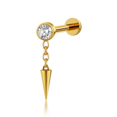 1PC ASTM F136 Titanium Mini Threadless Flat Back Stud 18G 6mm 8mm for Conch Helix Flat Tragus Labret - color: Dangle Cone - Gold
