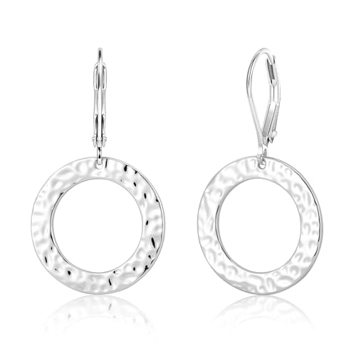 ALEXCRAFT Gold Hammered Double Circle Leverback Dangle Earrings | Hypoallergenic, Drop Handmade, Hammered Round, Minimalist Boho - color: C-Silver