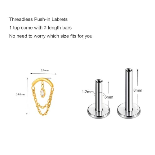 BelezaDosas G23 Titanium Labret Studs Threadless Push-in Labret Press Fit 16G Cluster Helix Lobe Conch Tragus Push Back Piercing Jewelry - style: glod 2 chain eye