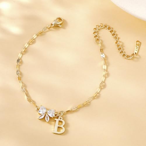 Gold Initial Bracelet for Women Teen Girls 14k Gold Plated Dainty Butterfly Charm Letter Bracelet for Birthday Jewelry Gifts - color: Gold-B