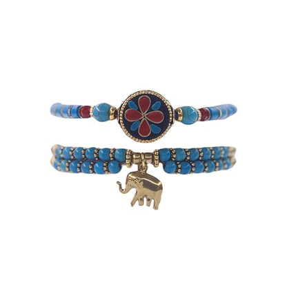 Petite Adjustable Boho Bracelet for Small Wrists 6-7.5 Inch - Handmade Nepalese Buddhist Prayer Bracelet with Elephant Charm, Brass Bell, Turquoise Stone & Tibetan Mantra Beads, Spiritual Lucky Gift - color: Blue-2Pcs