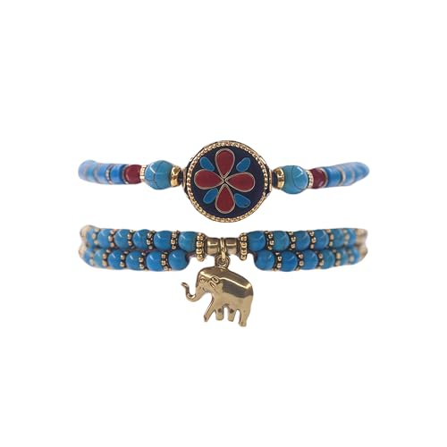 Petite Adjustable Boho Bracelet for Small Wrists 6-7.5 Inch - Handmade Nepalese Buddhist Prayer Bracelet with Elephant Charm, Brass Bell, Turquoise Stone & Tibetan Mantra Beads, Spiritual Lucky Gift - color: Blue-2Pcs