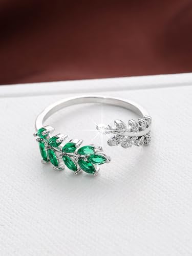 Adjustable Open Leaf & Vine Ring with Gemstone & Diamond | Cuff Deco Ring for Women Men | Adjustable Cuff Vine Leaf Deco Rings - color: Silver Green