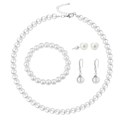 tenghong2021 Fashion Classic Faux Pearl Jewelry Set Necklace Bracelet Earrings for Women Best Gift - color: White 4