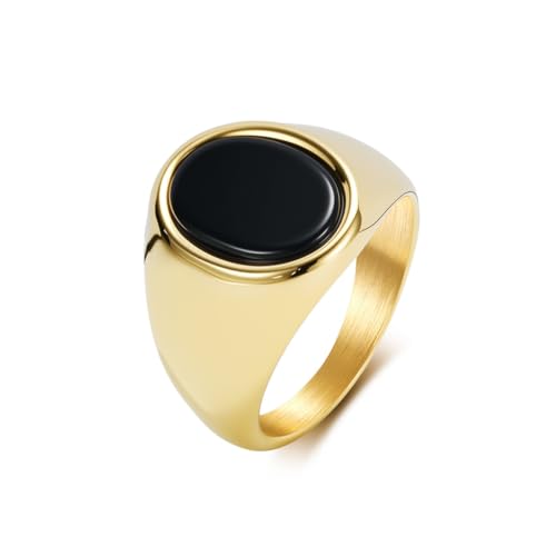 Stainless Steel Black Obsidian Ring for Men Women, Oval Black Stone Signet Ring, Gold Silver Black Tone Wide Band Ring, Polished Stainless Steel Statement Jewelry Gift - color: Gold