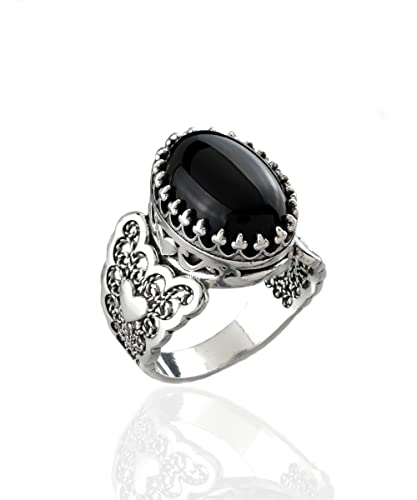 Filigranist 925 Sterling Silver Handcrafted Filigre Art Double Heart Detailed Women Cocktail Ring with Gemstones - color: Black Onyx