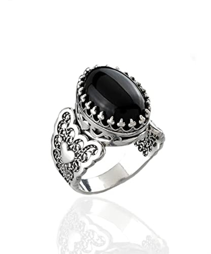 Filigranist 925 Sterling Silver Handcrafted Filigre Art Double Heart Detailed Women Cocktail Ring with Gemstones - color: Black Onyx