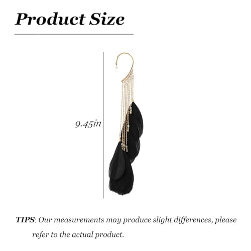 Feather Earrings for Women Ear Cuffs Long Tassel Boho Clip Earrings Red White Non Piercing Earring Statement Jewelry Birthday Prom Jewelry Gifts - color: A2:black tassel feather ear clips