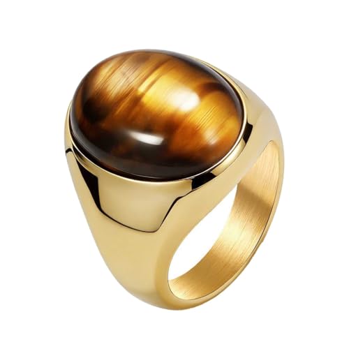 PAURO Men's Stainless Steel Oval Gemstone Signet Rings Minimalist Polish Plain Wedding Band - color: Gold Plated Brown