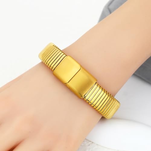 Gold Chunky Stretch Snake Chain Bangle Bracelets Stack for Women Trendy, 18K Gold Filled Stainless Steel Stretchy Womens Stackable Wristband Bangles Bracelet Set - style: 1PC 16MM